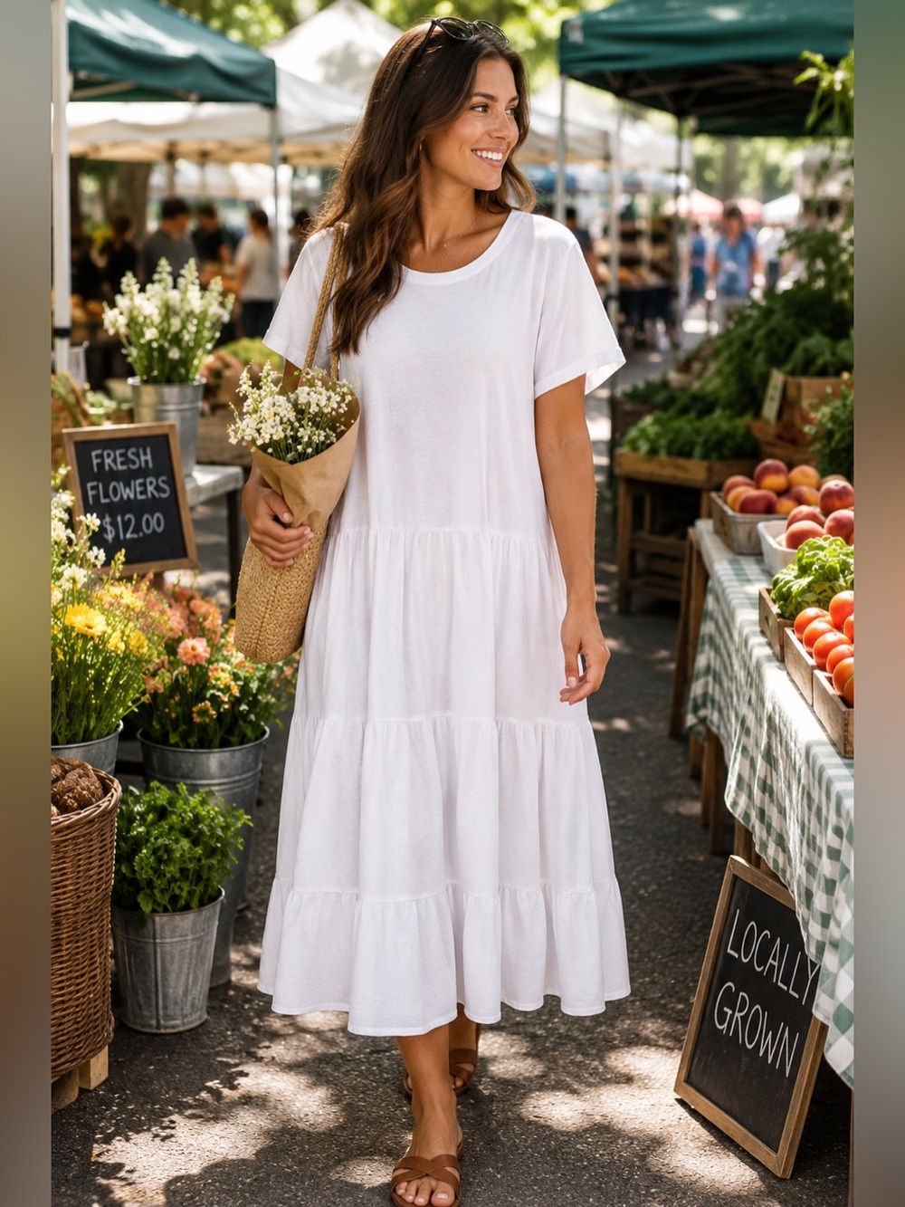 Fresh Produce XL White Cotton Tiered Midi Dress USA Coastal Cottagecore Boho